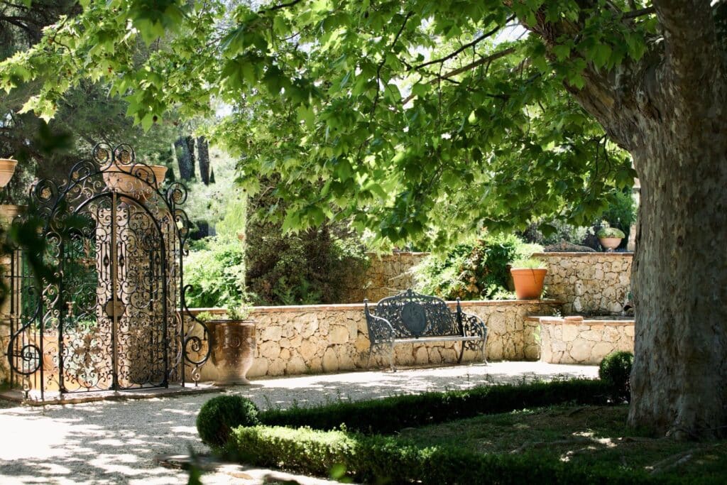 Sunny garden with gate, bench, stone walls and large tree.