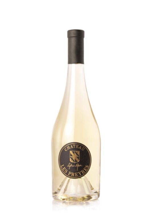 Bottle of Blanc Château Font du Broc 2023, black-gold seal, on white background.