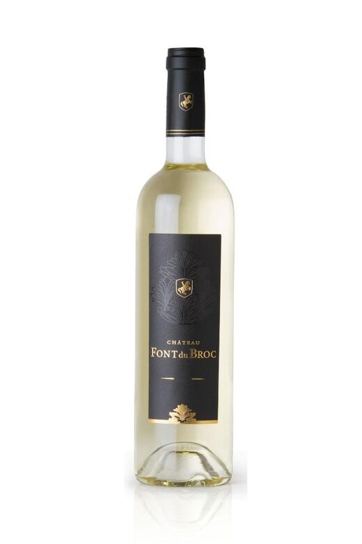 Bouteille de blanc Font du Broc 2024, étiquette noir et or, tradition viticole des Arcs sur Argens.