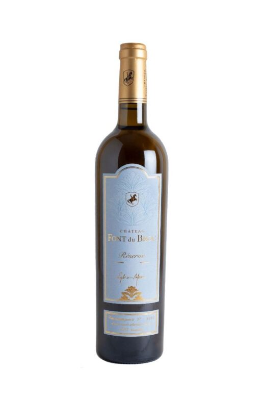Bouteille de rosé Réserve 2021, capsule dorée, étiquette bleue sur fond blanc.